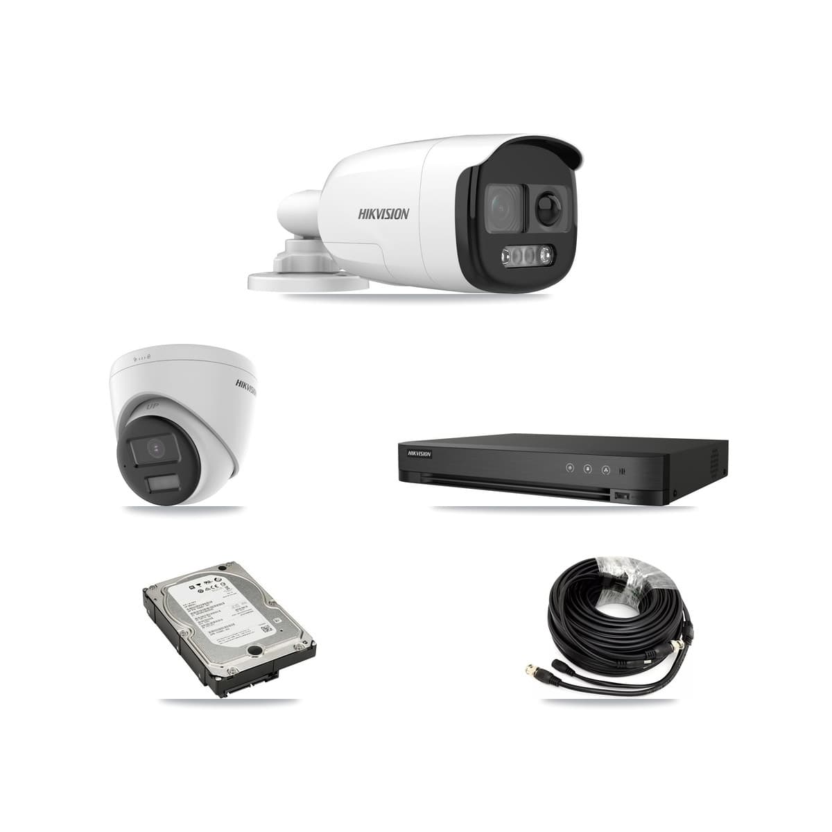Hikvision 4-Channel 5MP CCTV Kit — 3 DS-2CE12KF3T-PIRXO Bullet + 1 DS-2CE78K0T-LPTS Turret Cameras + 5TB Recording (IDS-7204HQHI-M1/XT Recorder) - Image 1