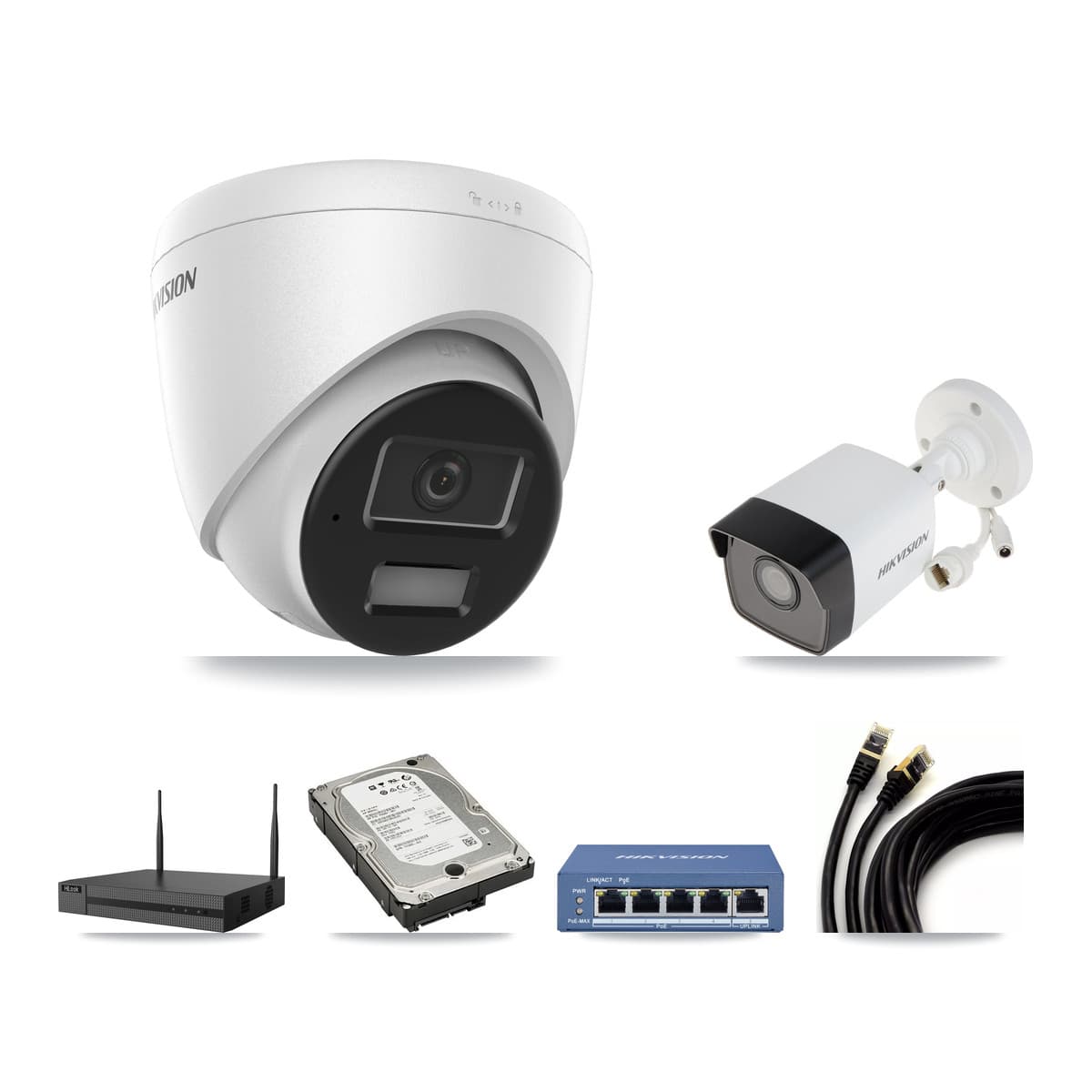 Hikvision & HiLook 4-Channel 4MP – 5MP CCTV Kit — 1 5MP Bullet + 3 4MP Turret Cameras + 5TB Recording - Image 1