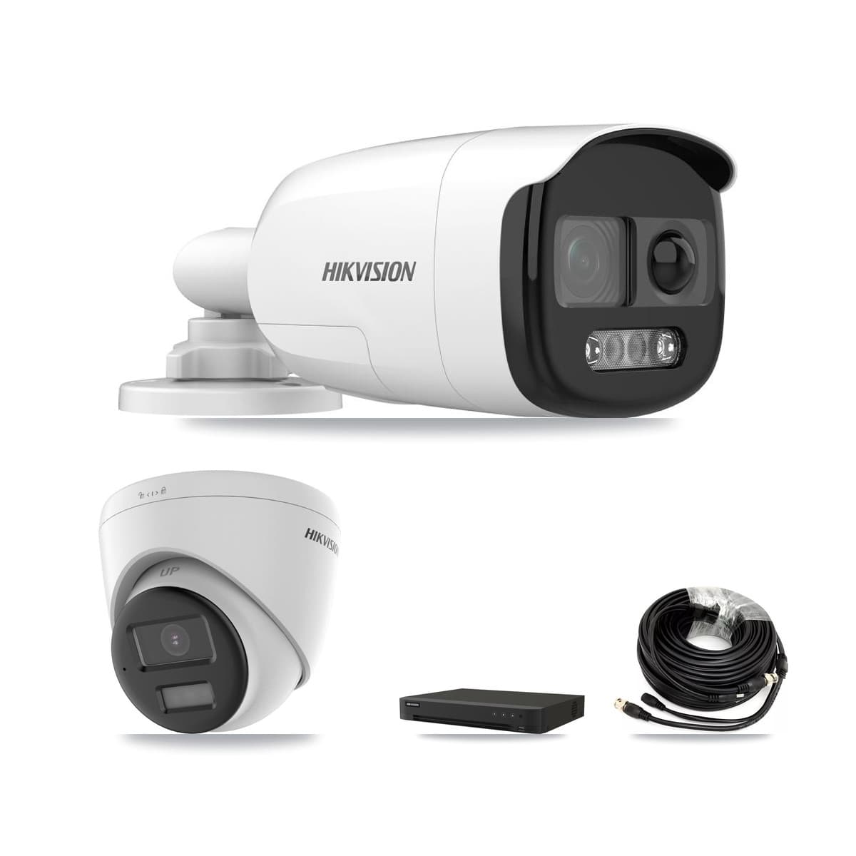Hikvision 8-Channel 5MP – 4K CCTV Kit — 2 DS-2CE12KF3T-PIRXO 5MP Bullet + 2 DS-2CE78U0T-LPTS 4K Turret Cameras + 8TB Recording (IDS-7208HUHI-M1/XT Recorder) - Image 1