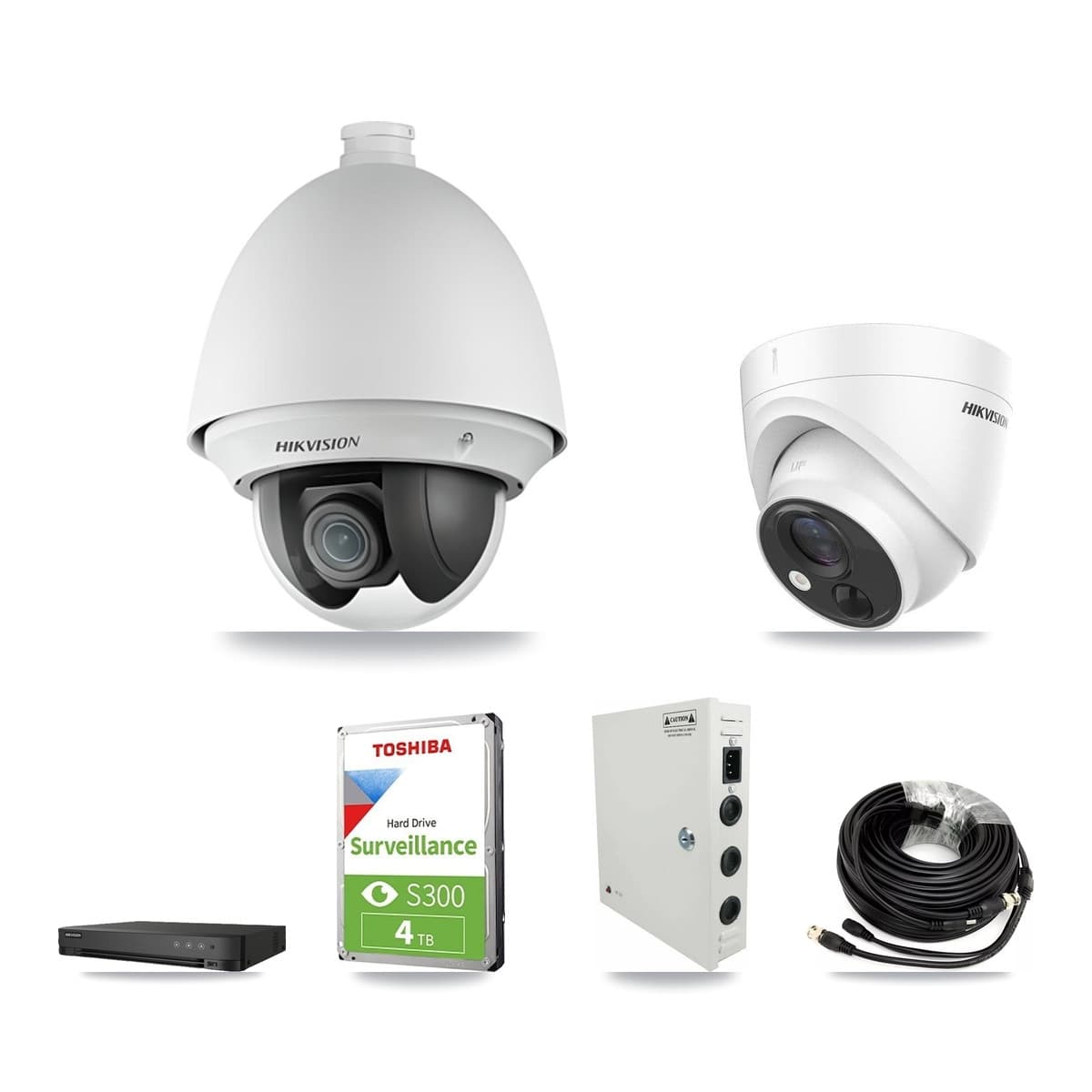 Hikvision 8-Channel 2MP – 5MP CCTV Kit — 2 DS-2AE4225T-A 2MP PTZ + 2 DS-2CE71H0T-PIRLO 5MP Turret Cameras + 4TB Recording (IDS-7208HUHI-M1/E Recorder) - Image 1