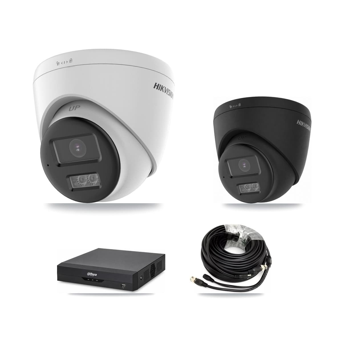 Hikvision & Dahua 4-Channel 5MP – 4K CCTV Kit — 3 DS-2CE78K0T-LTS 5MP + 1 Black DS-2CE78U0T-LTS-BLACK 4K Turret Cameras + 2TB Recording (DH-XVR5104HS-4KL-I2 Recorder) - Image 1