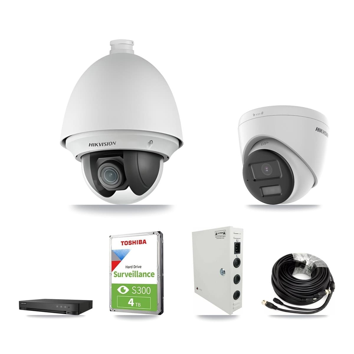 Hikvision 4-Channel 2MP – 5MP CCTV Kit — 2 DS-2AE4225T 2MP PTZ + 2 DS-2CE78K0T 5MP Turret Cameras + 4TB Recording (IDS-7204HQHI Recorder) - Image 1