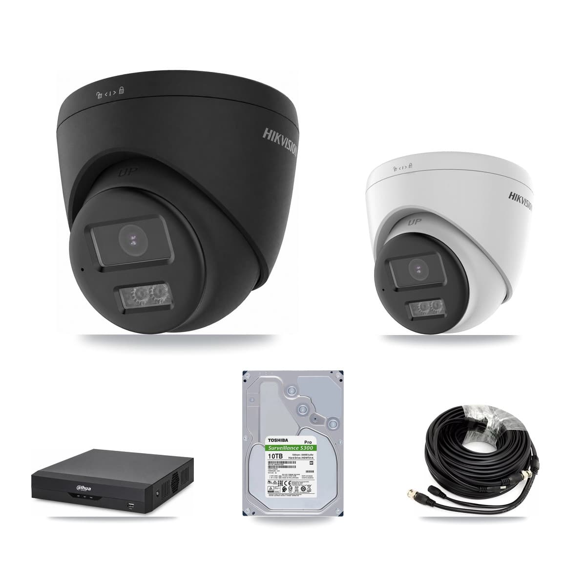 Hikvision & Dahua 4-Channel 5MP – 4K CCTV Kit — 1 DS-2CE78K0T-LTS 5MP + 3 Black DS-2CE78U0T-LTS-BLACK 4K Turret Cameras + 10TB Recording (DH-XVR5104HS-4KL-I2 Recorder) - Image 1