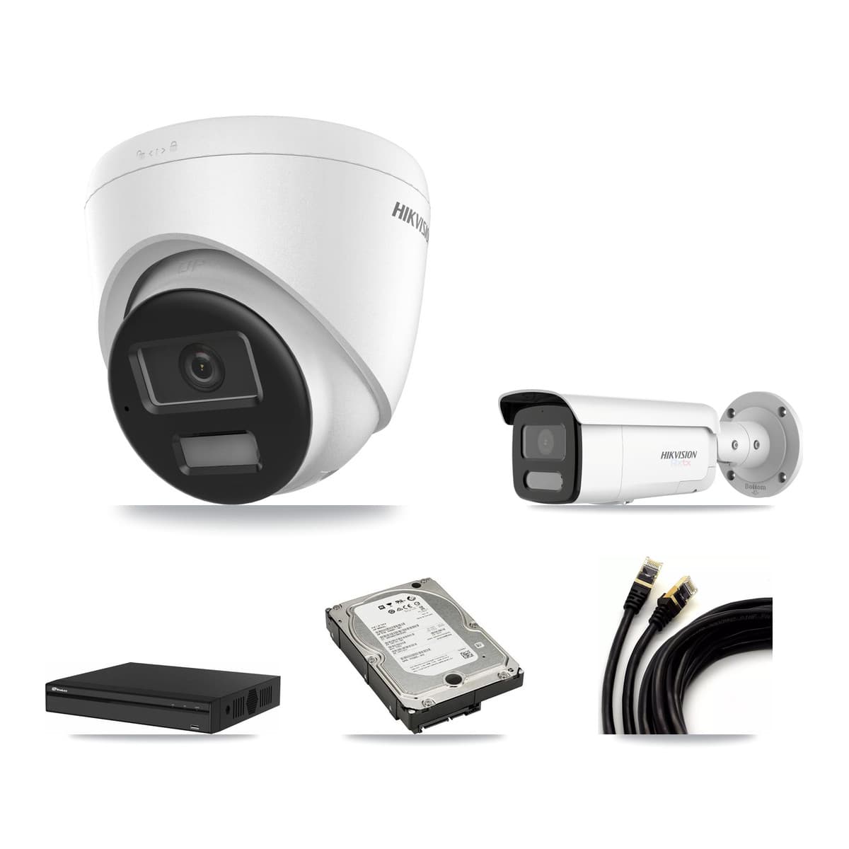Hikvision & Prolux 4-Channel 4K CCTV Kit — 1 DS-2CD1383G2-LIUF/SL Turret + 1 White DS-2CD2T87G2H-LISU/SL-2.8MM-W Bullet Cameras + 5TB Recording (PXN-2104HS-4P-4K Recorder) - Image 1