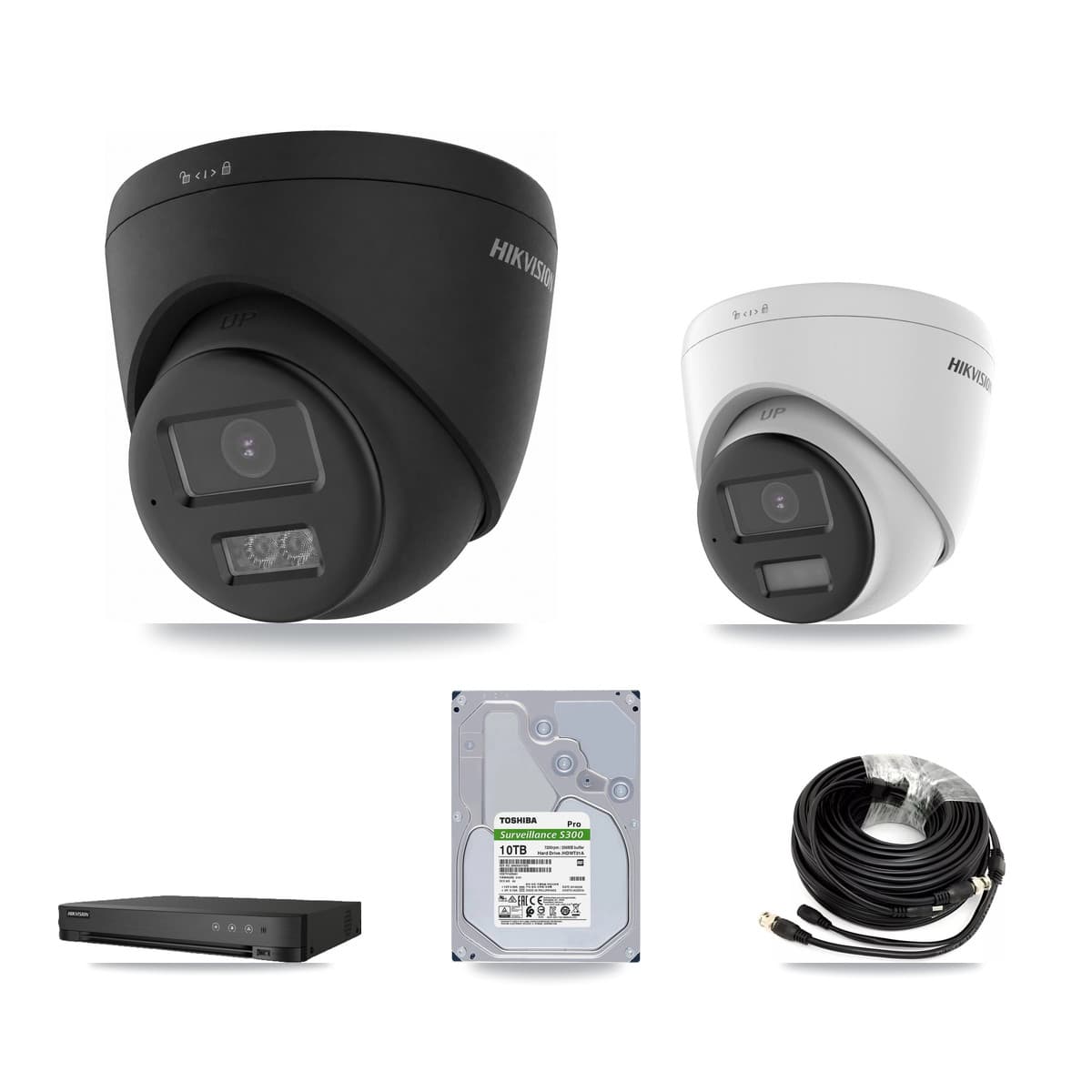 Hikvision 8-Channel 5MP – 4K CCTV Kit — 2 DS-2CE78K0T-LPTS 5MP + 5 Black DS-2CE78U0T-LTS-BLACK 4K Turret Cameras + 10TB Recording (IDS-7208HUHI-M1/E Recorder) - Image 1