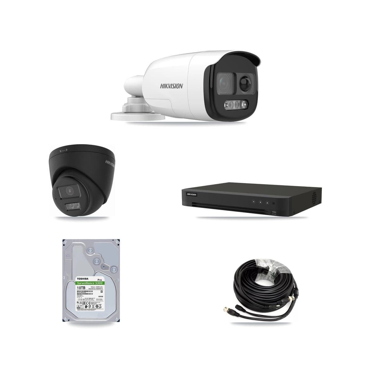 Hikvision 8-Channel 5MP – 4K CCTV Kit — 4 DS-2CE12KF3T-PIRXO 5MP Bullet + 2 Black DS-2CE78U0T-LTS-BLACK 4K Turret Cameras + 10TB Recording (IDS-7208HUHI-M1/XT Recorder) - Image 1