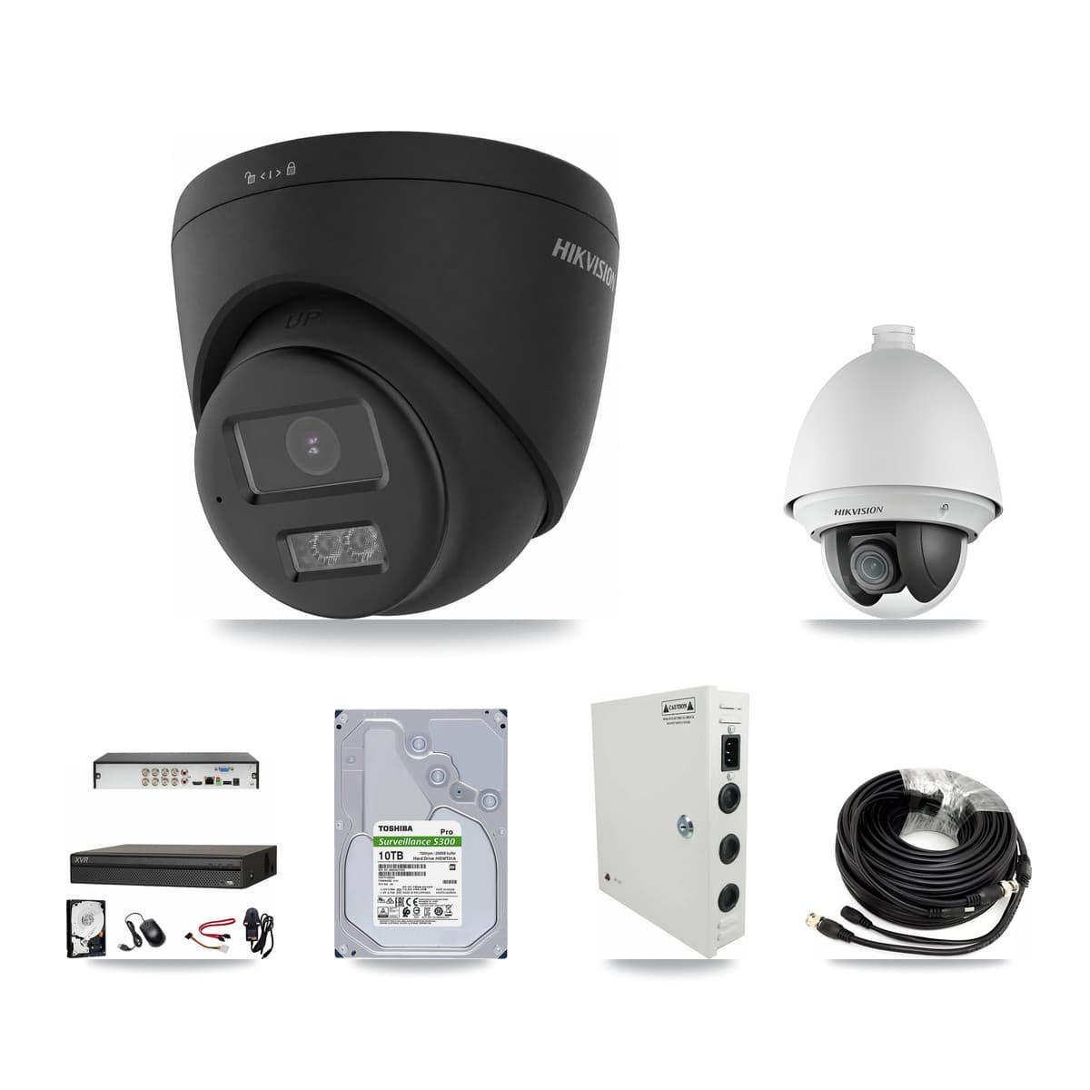 Hikvision & Dahua 8-Channel 2MP – 4K CCTV Kit — 1 2MP PTZ + 7 Black 4K Turret Cameras + 10TB Recording - Image 1