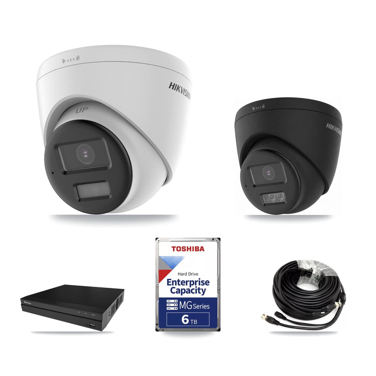 Hikvision & Prolux 8-Channel 5MP – 4K CCTV Kit — 5 DS-2CE78K0T-LPTS 5MP + 2 Black DS-2CE78U0T-LTS-BLACK 4K Turret Cameras + 2× 6TB Recording (PXD-5208AN-4KL-X-8P Recorder) - Image 1