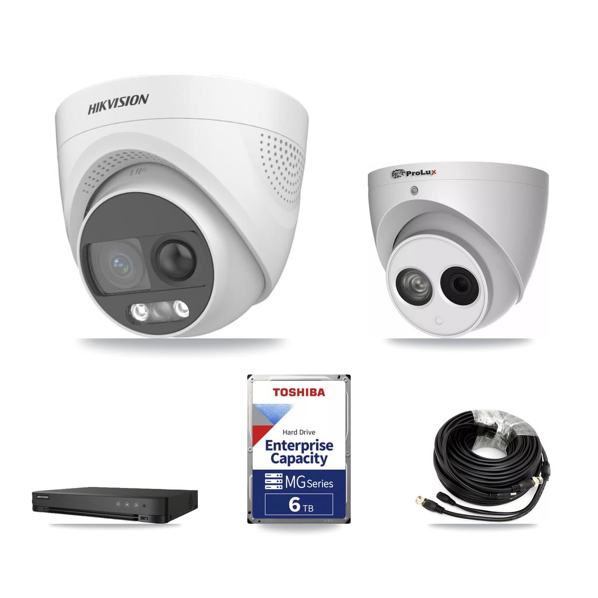Hikvision & Prolux 8-Channel 4MP – 5MP CCTV Kit — 4 DS-2CE72KF3T 5MP + 1 PXC-612C4W-A 4MP Turret Cameras + 6TB Recording (IDS-7208HQHI Recorder) - Image 1