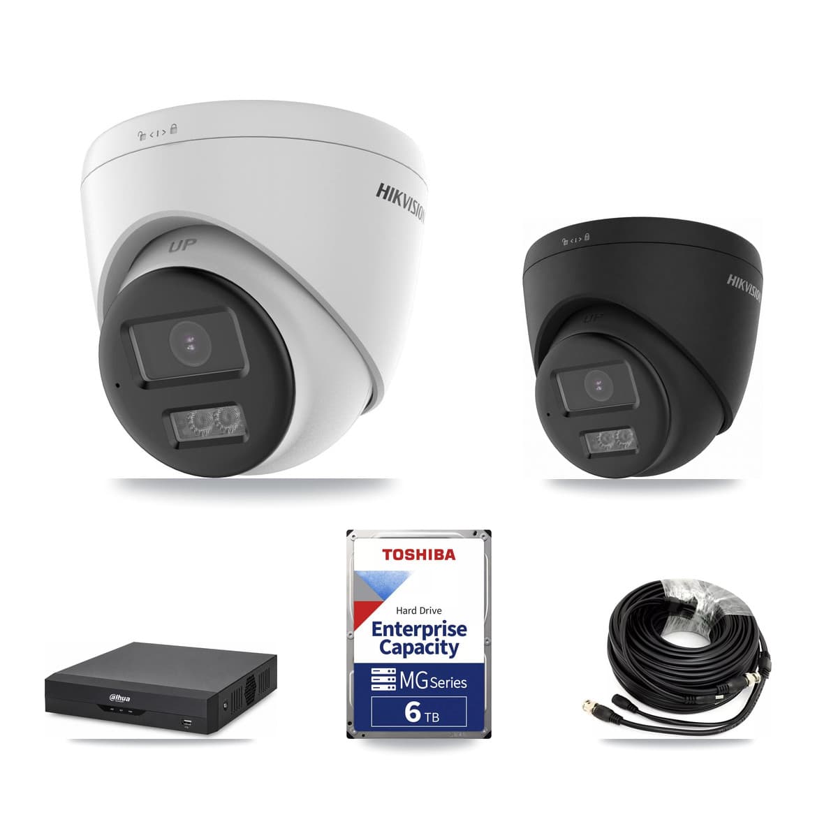 Hikvision & Dahua 4-Channel 5MP – 4K CCTV Kit — 3 DS-2CE78K0T-LTS 5MP + 1 Black DS-2CE78U0T-LTS-BLACK 4K Turret Cameras + 6TB Recording (DH-XVR5104HS-4KL-I2 Recorder) - Image 1
