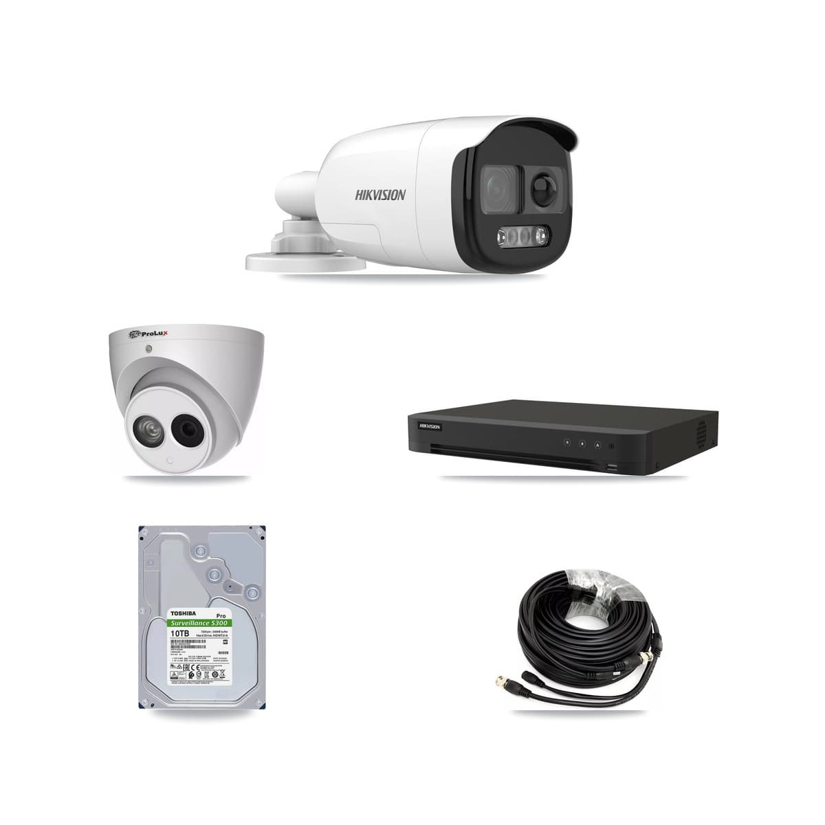 Hikvision & Prolux 16-Channel 4MP – 5MP CCTV Kit — 7 DS-2CE12KF3T 5MP Bullet + 1 PXC-612C4W-A 4MP Turret Cameras + 10TB Recording (IDS-7216HQHI Recorder) - Image 1