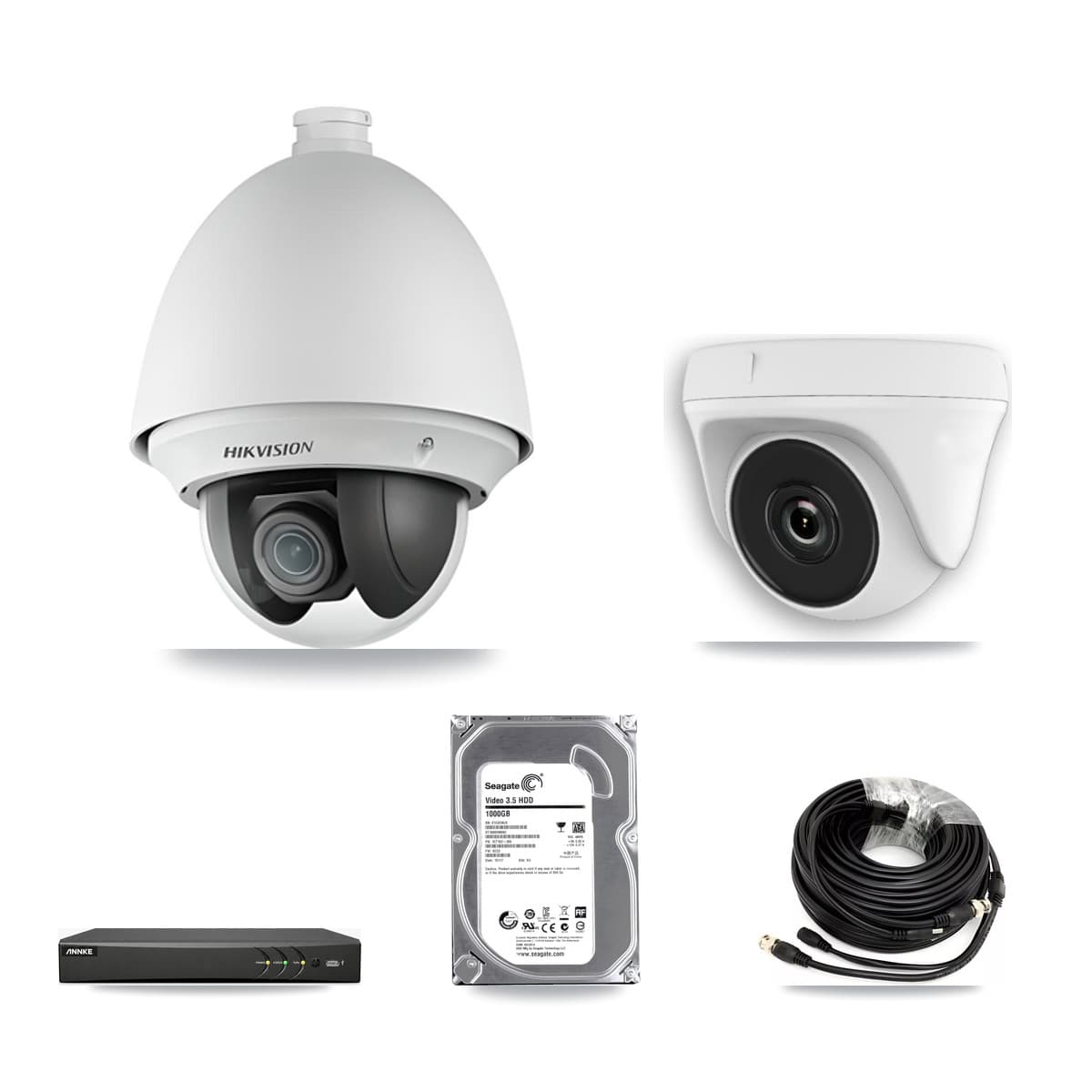 Hikvision & ANNKE 4-Channel 2MP CCTV Kit — 1 DS-2AE4225T PTZ + 1 White HDT-2MP-N20W Dome Cameras + 1TB Recording - Image 1