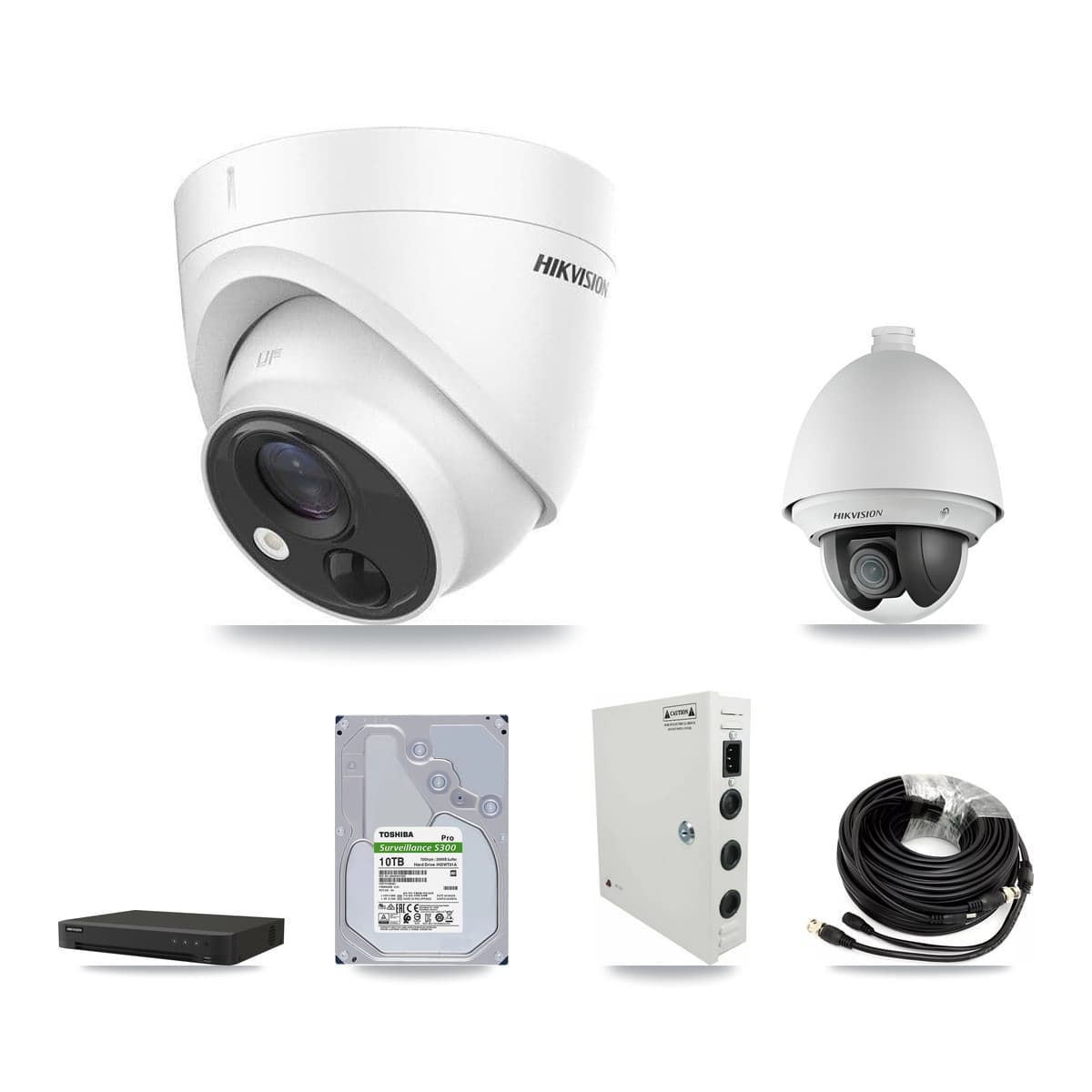 Hikvision 16-Channel 2MP – 5MP CCTV Kit — 2 DS-2AE4225T 2MP PTZ + 6 DS-2CE71H0T 5MP Turret Cameras + 10TB Recording (IDS-7216HQHI Recorder) - Image 1