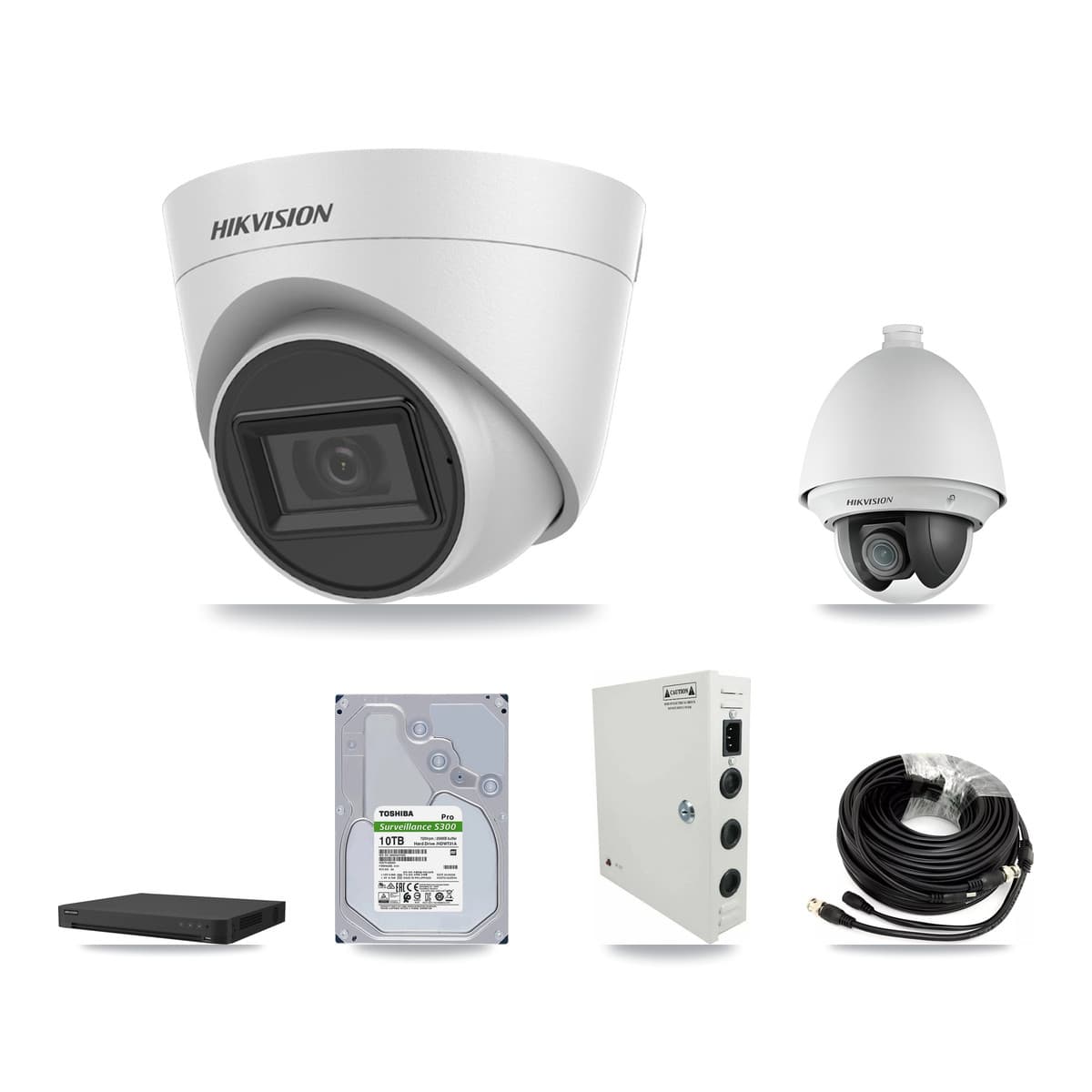 Hikvision 32-Channel 2MP – 5MP CCTV Kit — 1 2MP PTZ + 14 White 5MP Turret Cameras + 2× 10TB Recording (IDS-7232HQHI Recorder) - Image 1