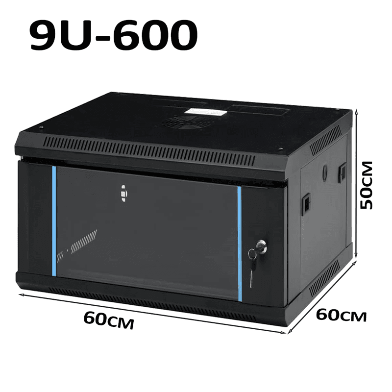9U Wall Mount Network Rack Cabinet 600×600mm Lockable Black - Image 1