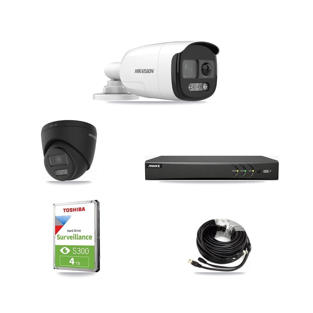 Hikvision & ANNKE 4-Channel 5MP – 4K CCTV Kit — 1 5MP Bullet + 1 Black 4K Turret Cameras + 4TB Recording - Image 1