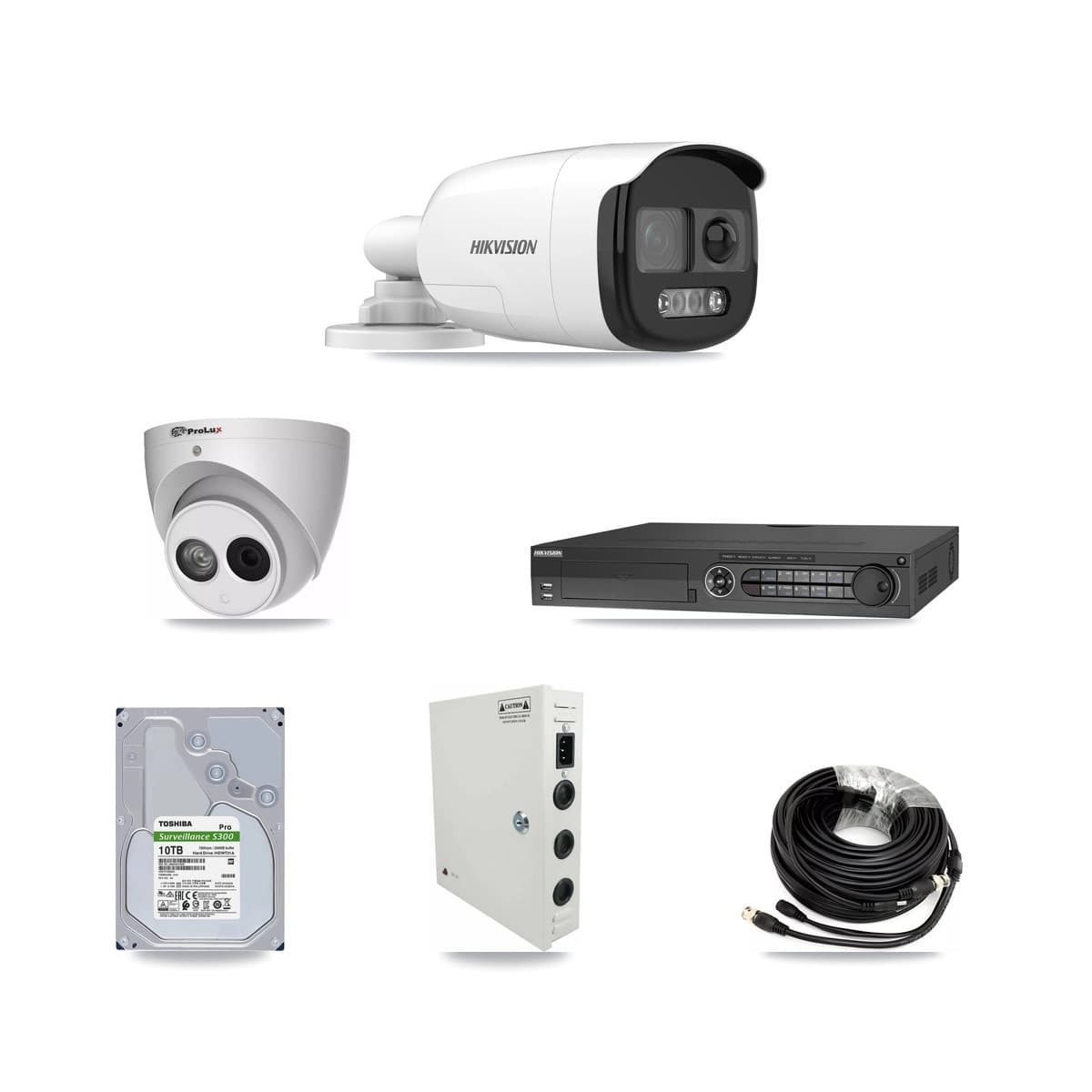 Hikvision & Prolux 32-Channel 4MP – 5MP CCTV Kit — 15 DS-2CE12KF3T 5MP Bullet + 1 PXC-612C4W-A 4MP Turret Cameras + 2× 10TB Recording (DS-7332HQHI Recorder) - Image 1