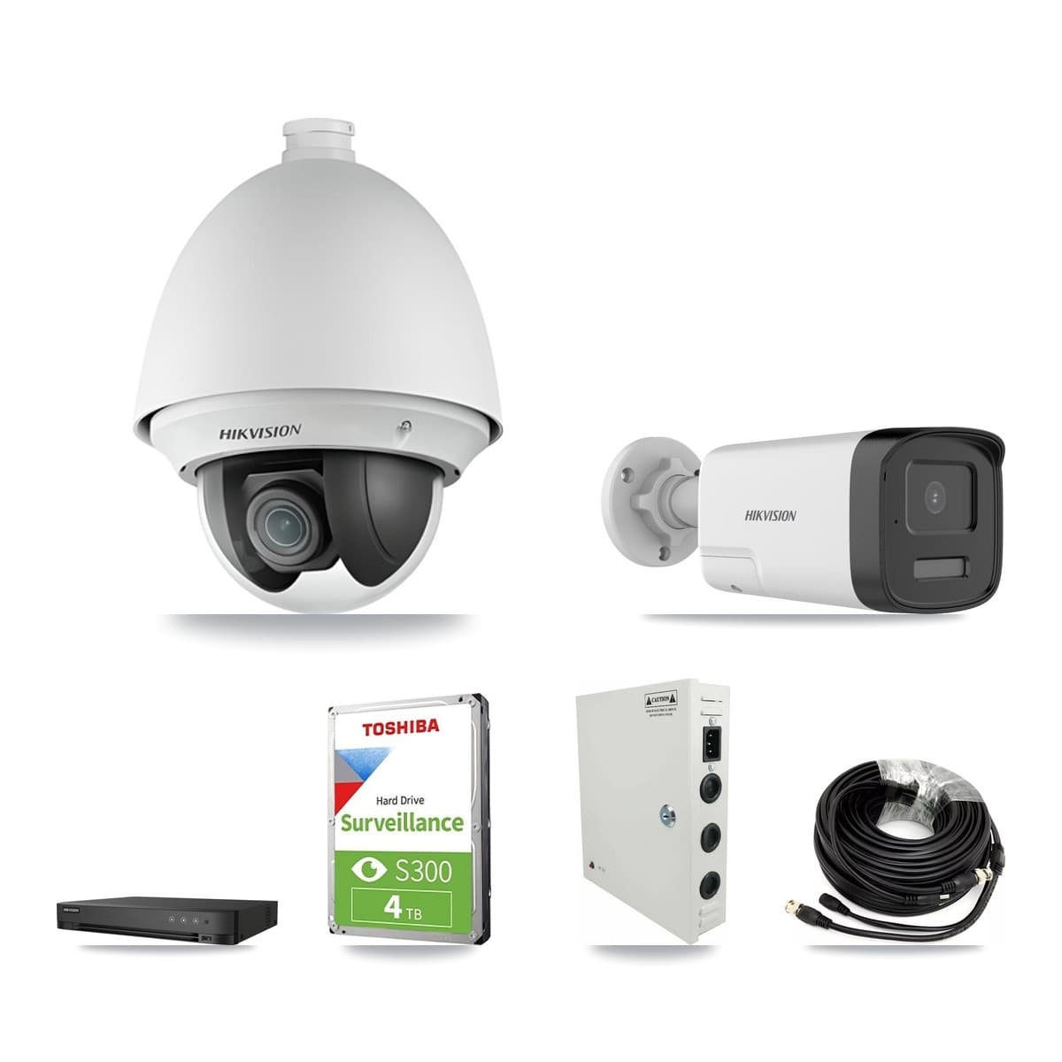 Hikvision 4-Channel 2MP – 5MP CCTV Kit — 2 DS-2AE4225T 2MP PTZ + 2 DS-2CE17K0T 5MP Bullet Cameras + 4TB Recording (IDS-7204HQHI Recorder) - Image 1