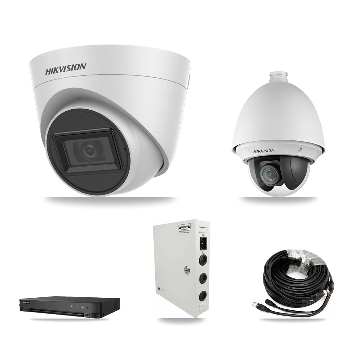Hikvision 8-Channel 2MP – 5MP CCTV Kit — 1 2MP PTZ + 5 White 5MP Turret Cameras + 8TB Recording (IDS-7208HQHI Recorder) - Image 1