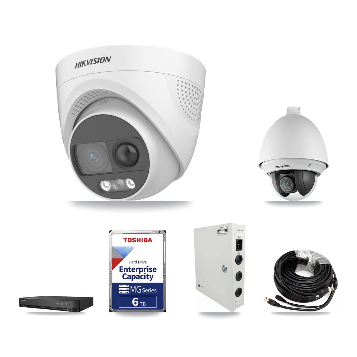 Hikvision 8-Channel 2MP – 5MP CCTV Kit — 1 DS-2AE4225T 2MP PTZ + 4 DS-2CE72KF3T 5MP Turret Cameras + 6TB Recording (IDS-7208HQHI Recorder) - Image 1
