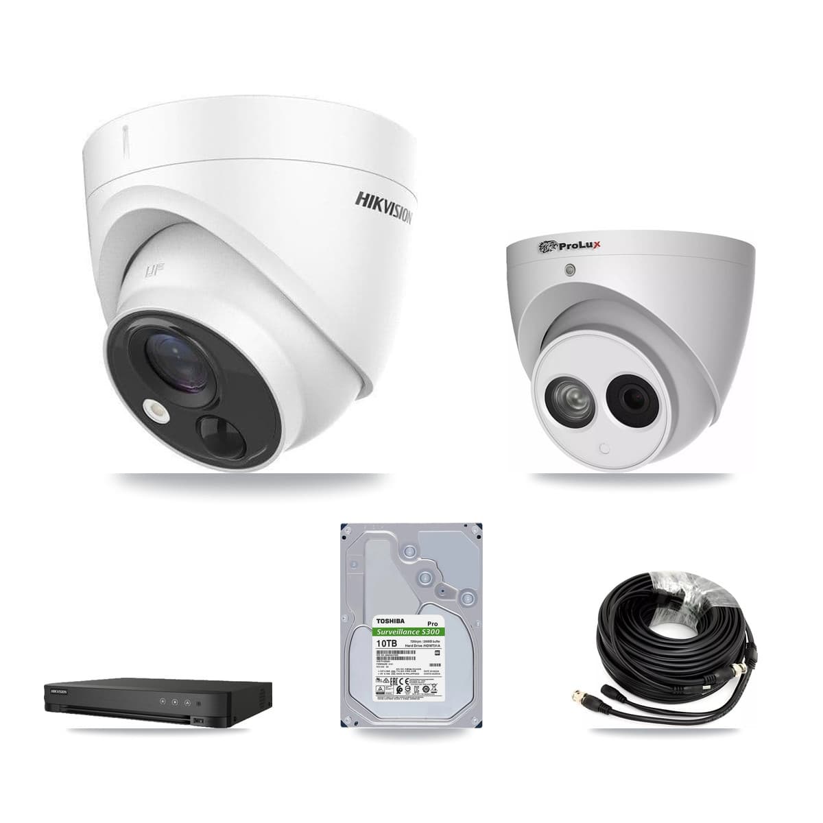 Hikvision & Prolux 8-Channel 4MP – 5MP CCTV Kit — 7 DS-2CE71H0T 5MP + 1 PXC-612C4W-A 4MP Turret Cameras + 10TB Recording (IDS-7208HQHI Recorder) - Image 1