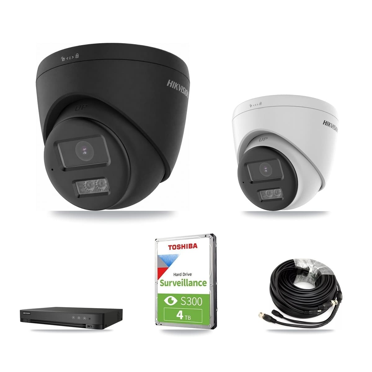 Hikvision 4-Channel 5MP – 4K CCTV Kit — 1 DS-2CE78K0T-LTS 5MP + 3 Black DS-2CE78U0T-LTS-BLACK 4K Turret Cameras + 4TB Recording (IDS-7204HUHI-M1/XT Recorder) - Image 1